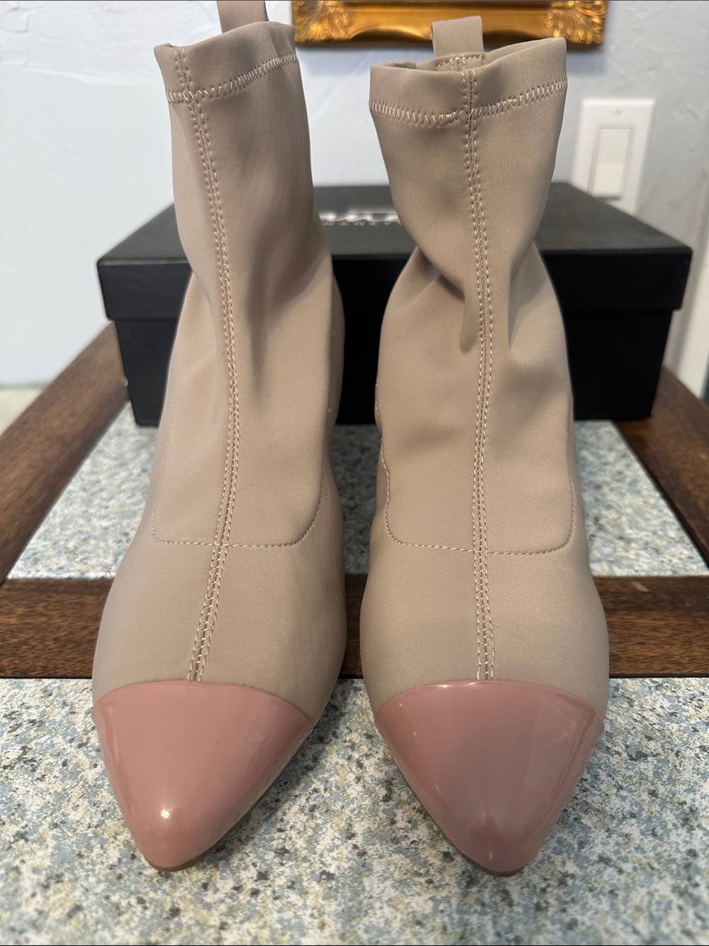Nanette Lepore Stretch Sock Booties with Pink Patent Toe and Heel. Size 8.5